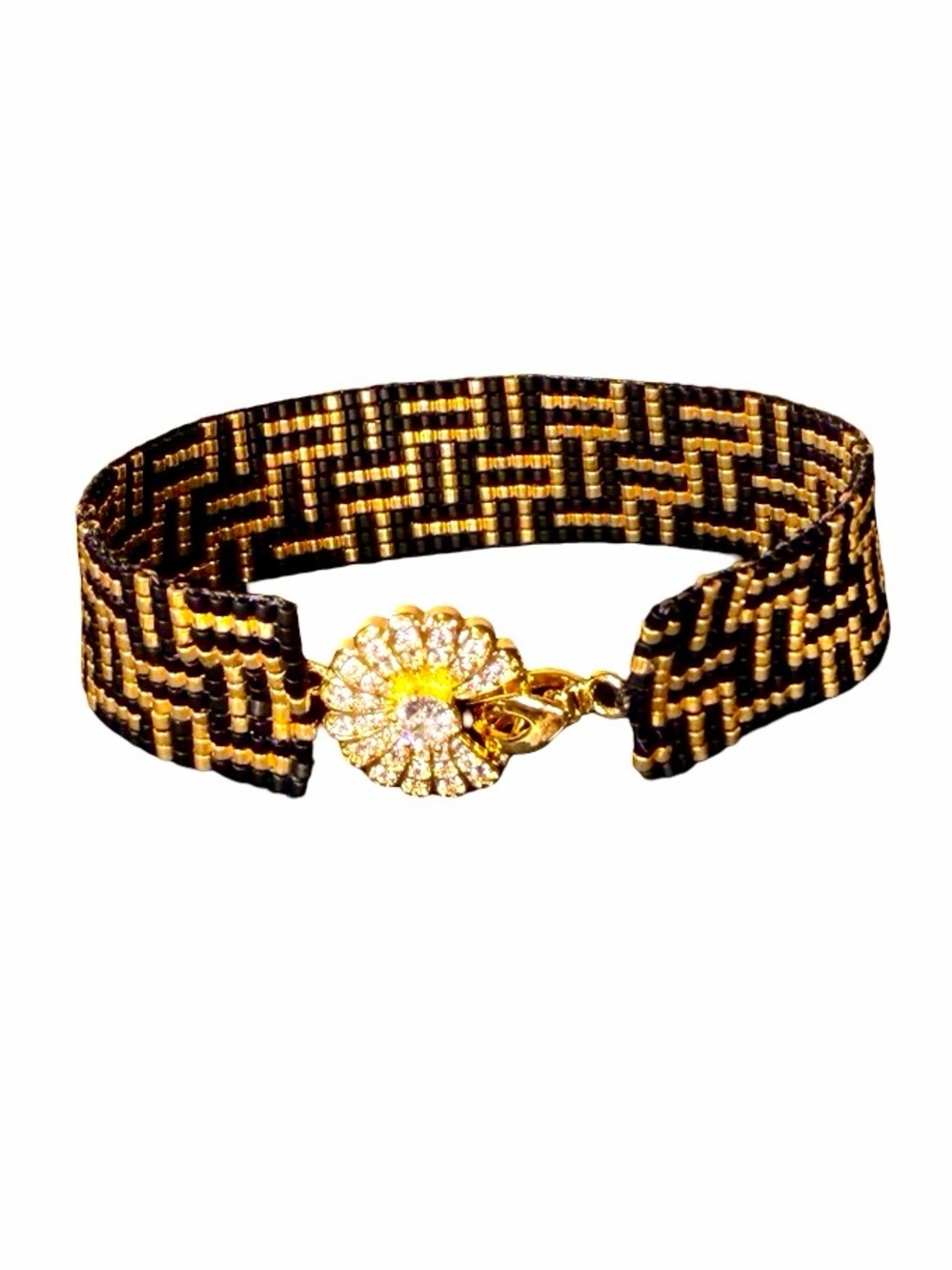 Black Gold Art Deco Beaded Bracelet | Geometric Loom Cuff | CZ Clasp - Picture 7 of 11